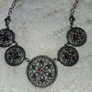 **3/$10** Elegant Silver Statement Necklace with Red Accents